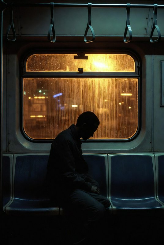 Silhouette of a man sitting alone inside a rain-streaked subway car at night.