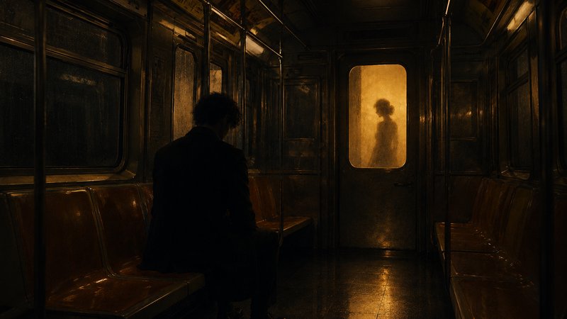 Silhouette of a person sitting in a dim, moody subway car with a warm figure seen through the doorway.