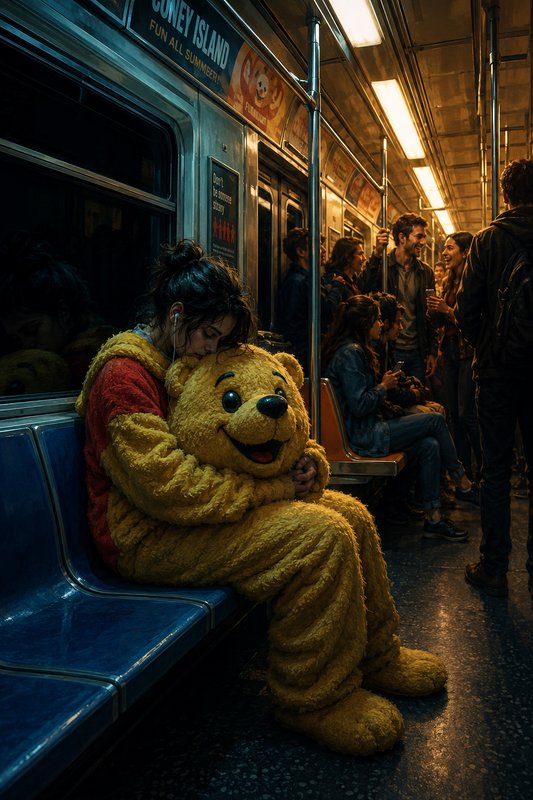Person in a yellow teddy bear costume sits on a subway bench, hugging themselves amid passengers.