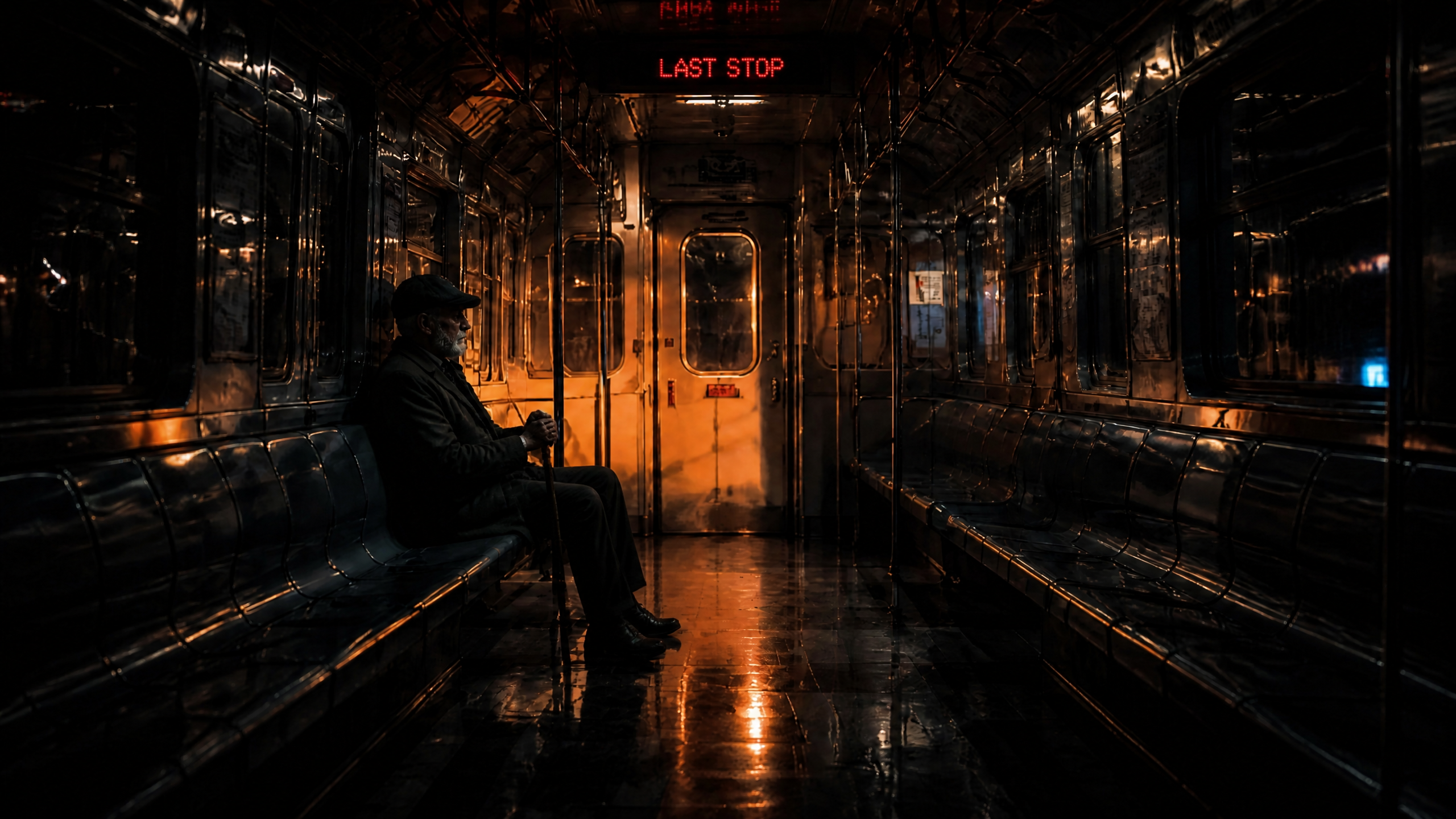 A solitary man with a cane sits in a dim subway car with orange glow and a “LAST STOP” sign.
