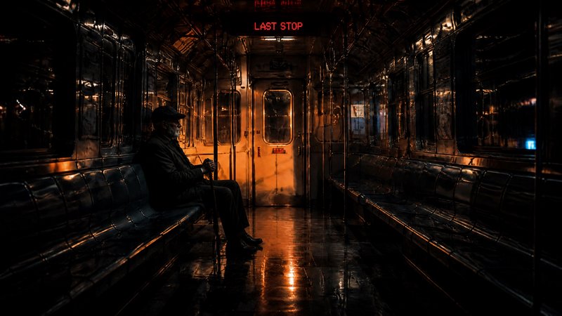 A solitary man with a cane sits in a dim subway car with orange glow and a “LAST STOP” sign.