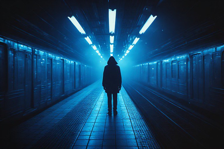 Person in a hooded coat stands on a subway platform under blue neon lights.
