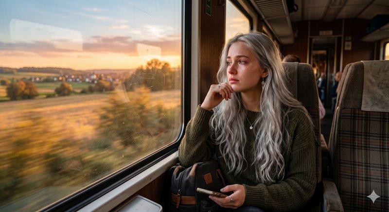 Woman with long silver hair sitting on a train, gazing out the window at a sunset countryside.