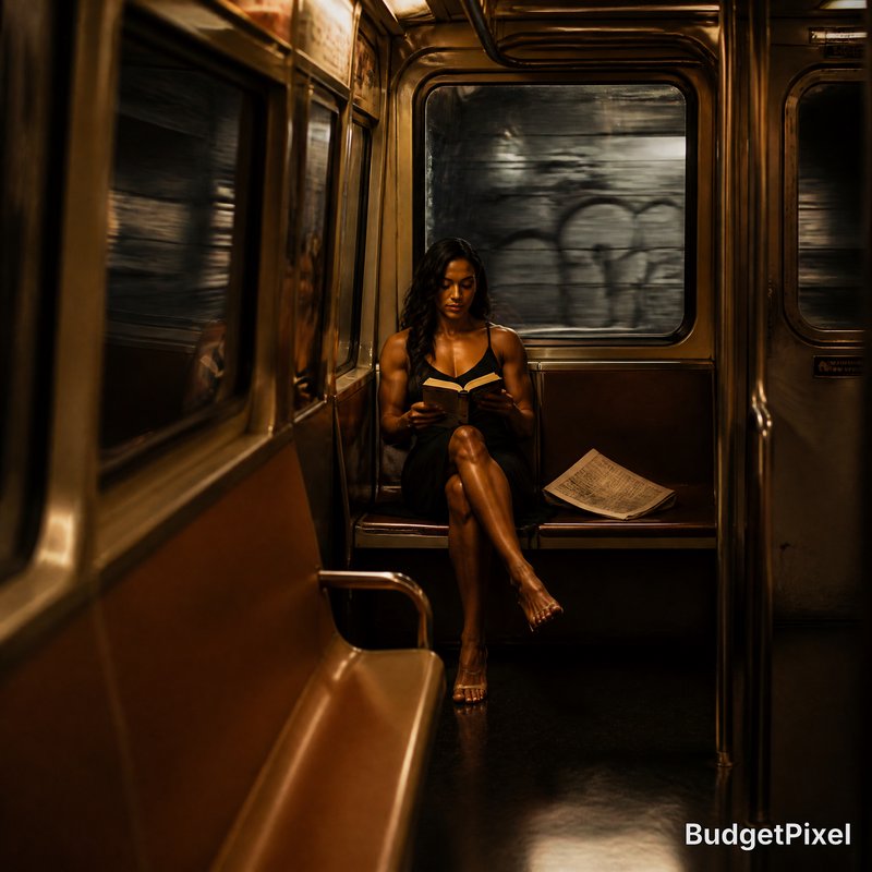 Woman reading a book inside a dimly lit subway car.