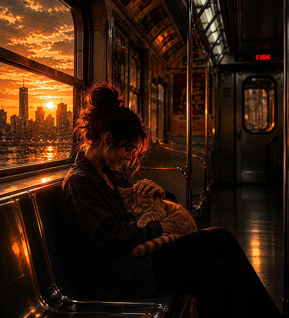 Woman on a subway at sunset cradling a sleeping cat on her lap, warm city skyline outside