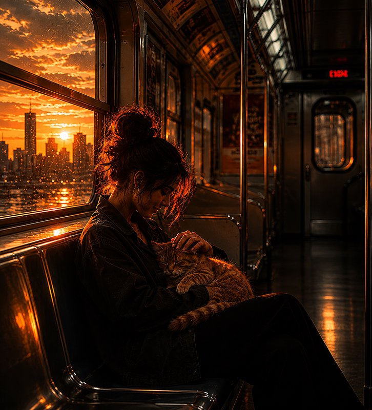Woman on a subway at sunset cradling a sleeping cat on her lap, warm city skyline outside
