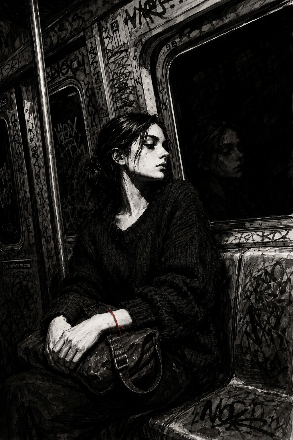 Black-and-white photo of a woman sitting in a graffiti-covered subway car, gazing aside.