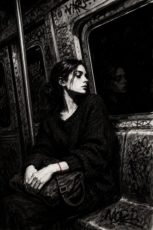 Black-and-white photo of a woman sitting in a graffiti-covered subway car, gazing aside.