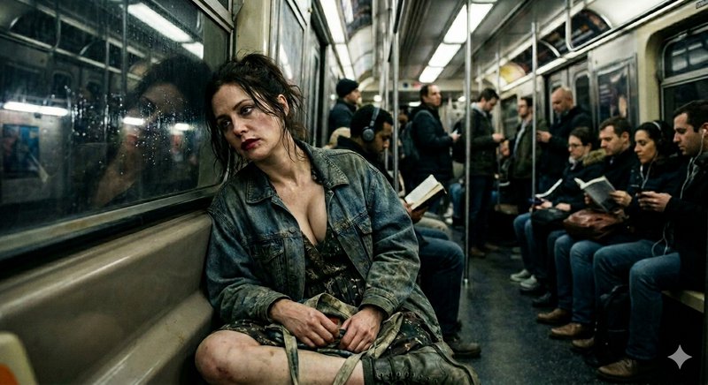 Woman with disheveled hair in a denim jacket sits on a subway floor, moody urban portrait amid se...