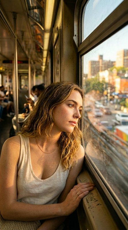 Woman sits by a bus window, gazing outside as warm city light shines through.