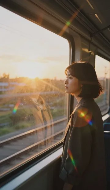 Woman on a train at sunset, gazing out the window with warm lens flare.