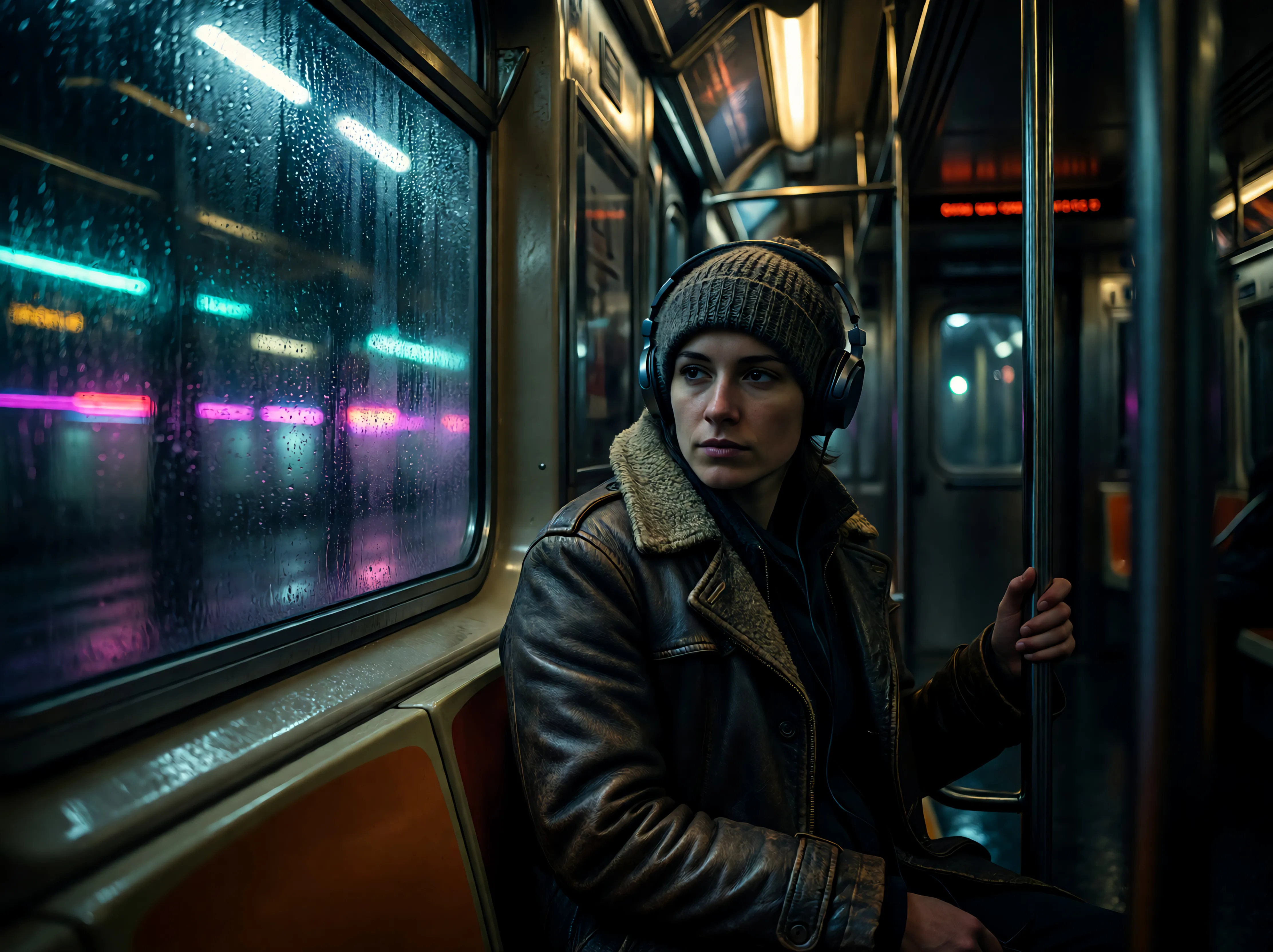 A woman in a leather jacket with a beanie and headphones sits on a rainy subway car at night, neon lights reflecting.