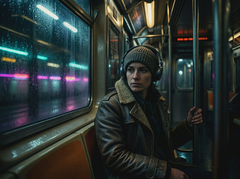 A woman in a leather jacket with a beanie and headphones sits on a rainy subway car at night, neon lights reflecting.