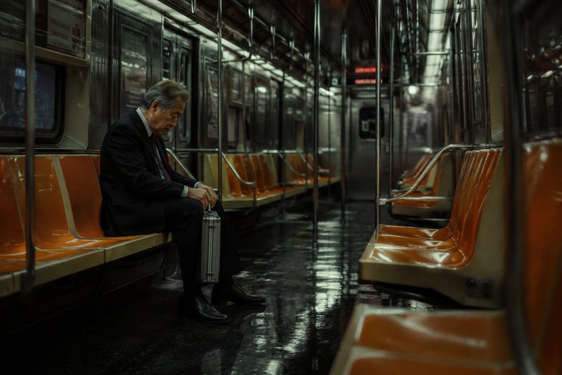 Man in a suit sits alone on an empty subway car with a briefcase.