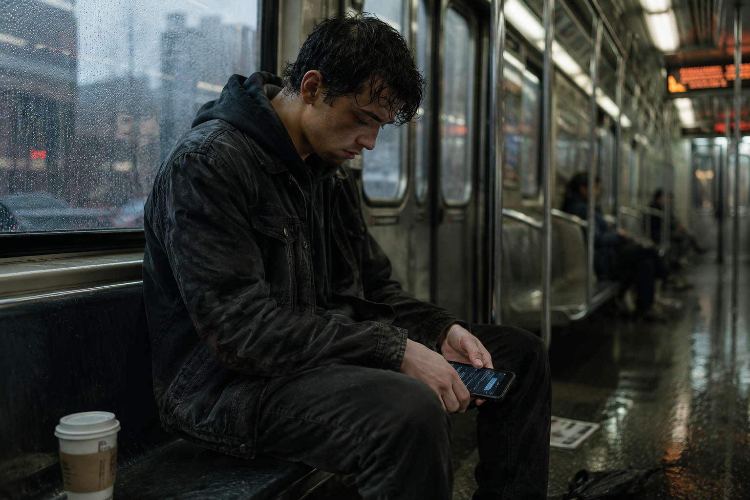 Young man in a dark jacket sits on a rain-soaked subway platform, looking at his smartphone.