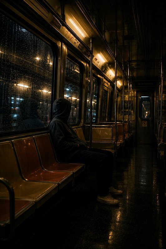 Person in a hoodie sitting solo on a dimly lit subway car at night.