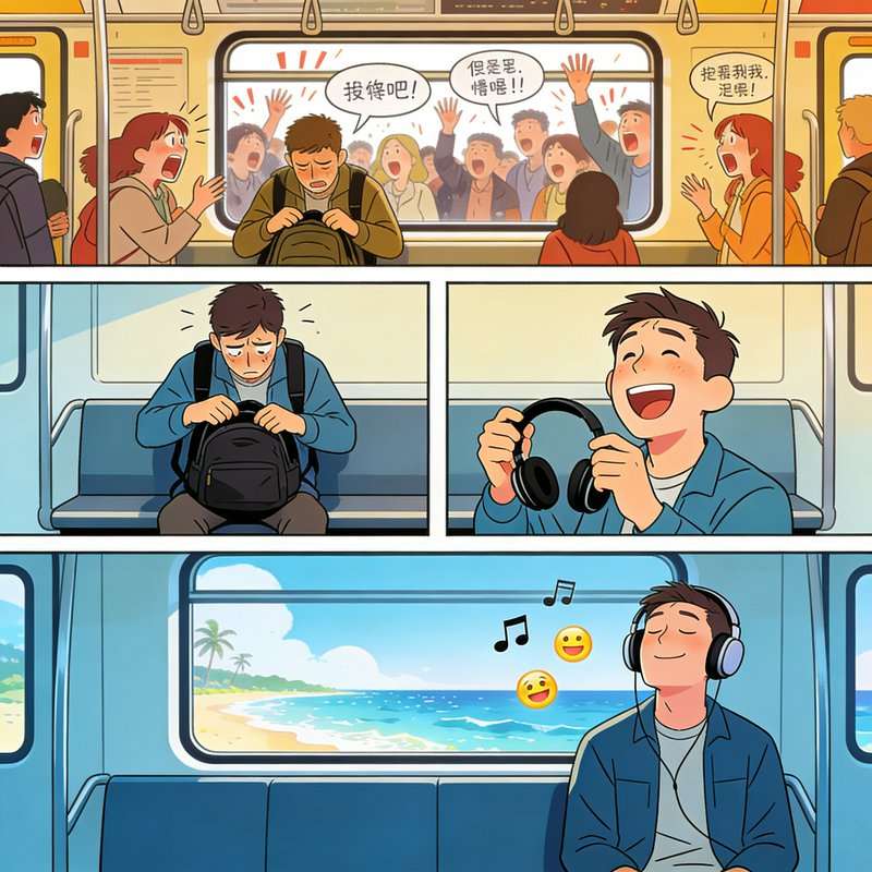 Young man in a blue jacket sits on a train with a backpack, initially stressed, then smiling whil...