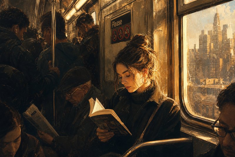 Woman on a subway reads a book as warm golden light pours in through the window.