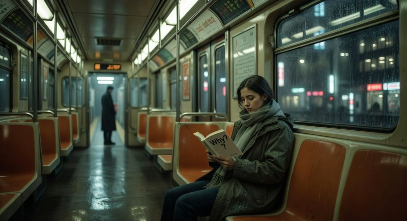 Woman sitting in a subway car reading a book titled "Why?" on a rainy night.