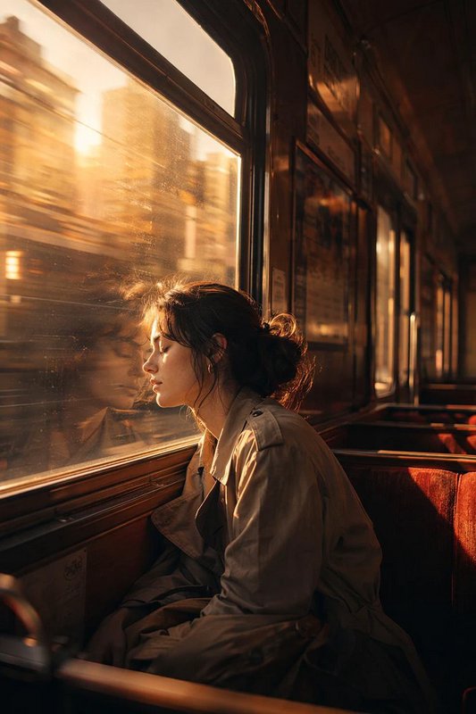 Woman sitting in a train by a sunlit window during golden hour, warm amber light.