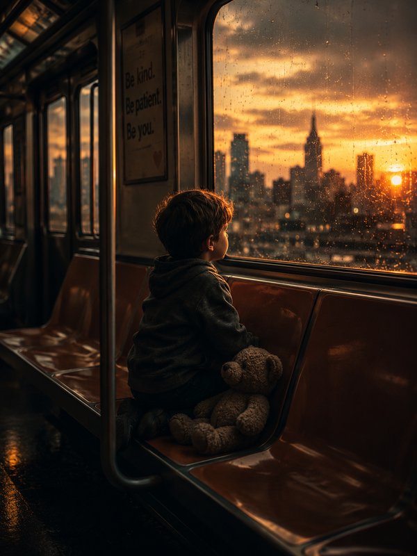 Young child with a teddy bear sits on a subway bench gazing at a rainy sunset city skyline.