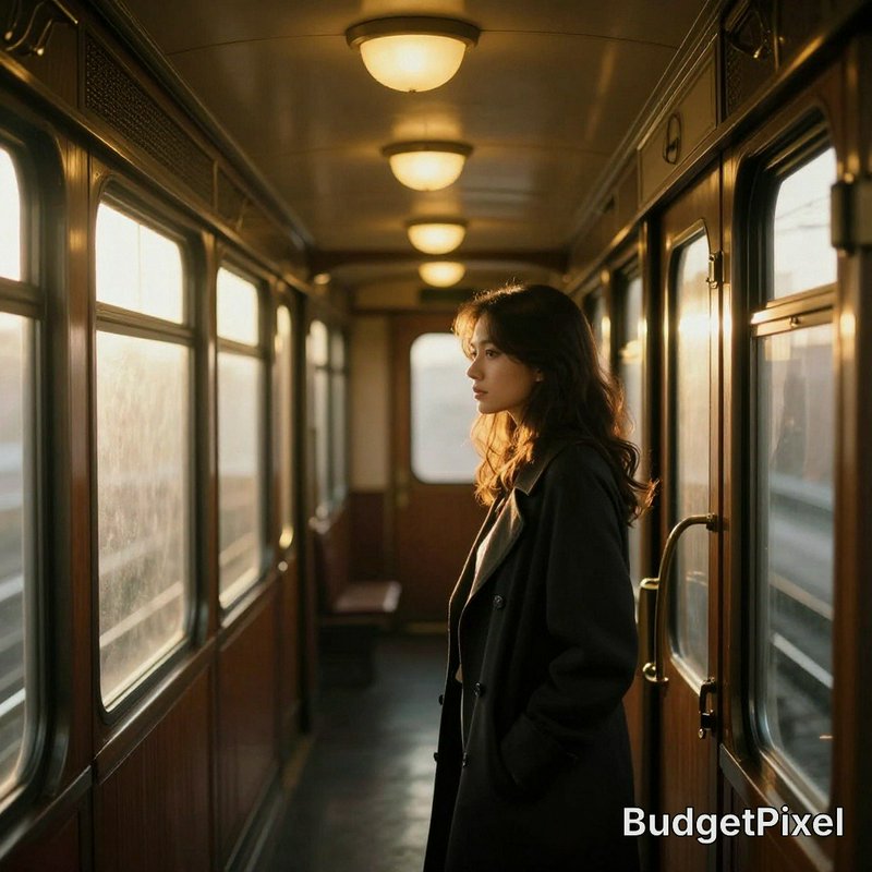 Woman standing in a vintage train carriage during golden hour with warm interior lighting.