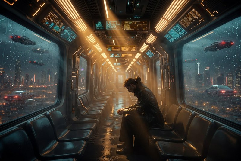 Solo traveler sitting in a futuristic subway car with neon lights and rainy cityscape outside.