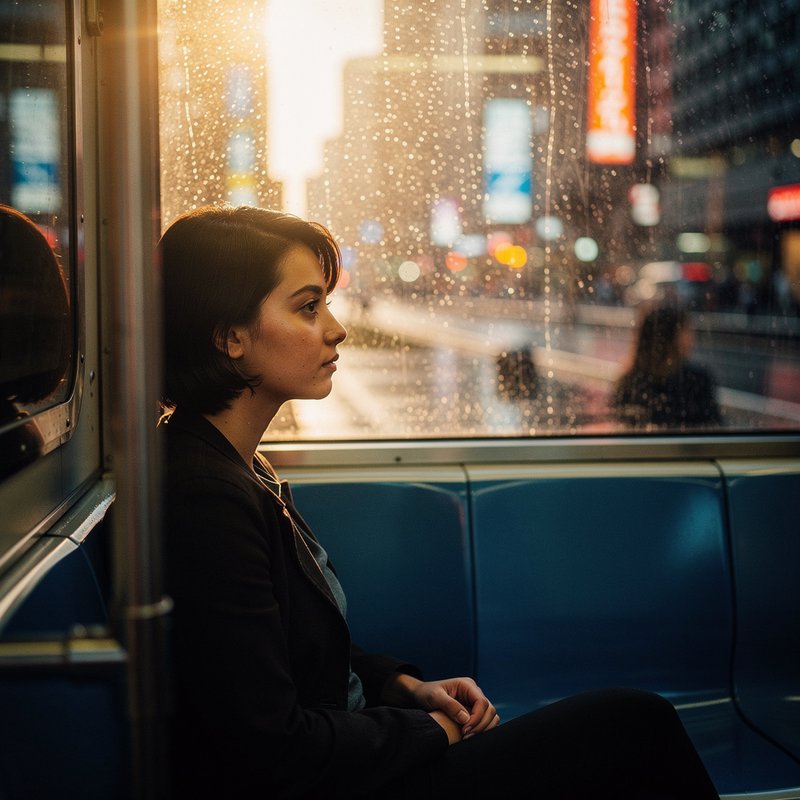 Woman sits in profile on a rainy city bus with a raindrop-speckled window behind.