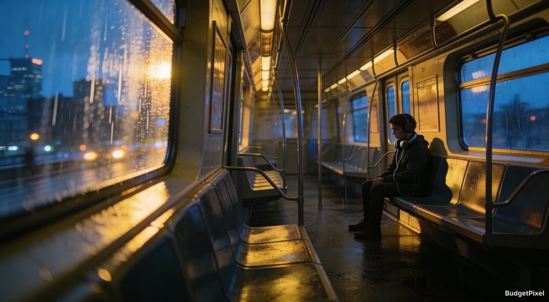 Person sitting alone on a rainy city bus at dusk, wearing headphones amid wet windows and warm interior lights.