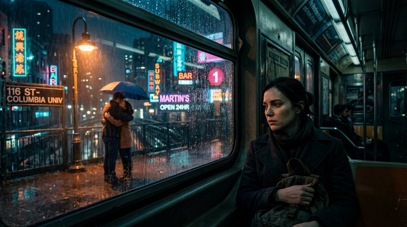 Woman sitting on a rainy city bus at night, neon-lit street outside.