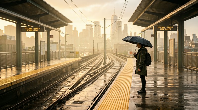 Person with umbrella waiting on a rain-soaked city train platform as tracks extend toward the skyline.