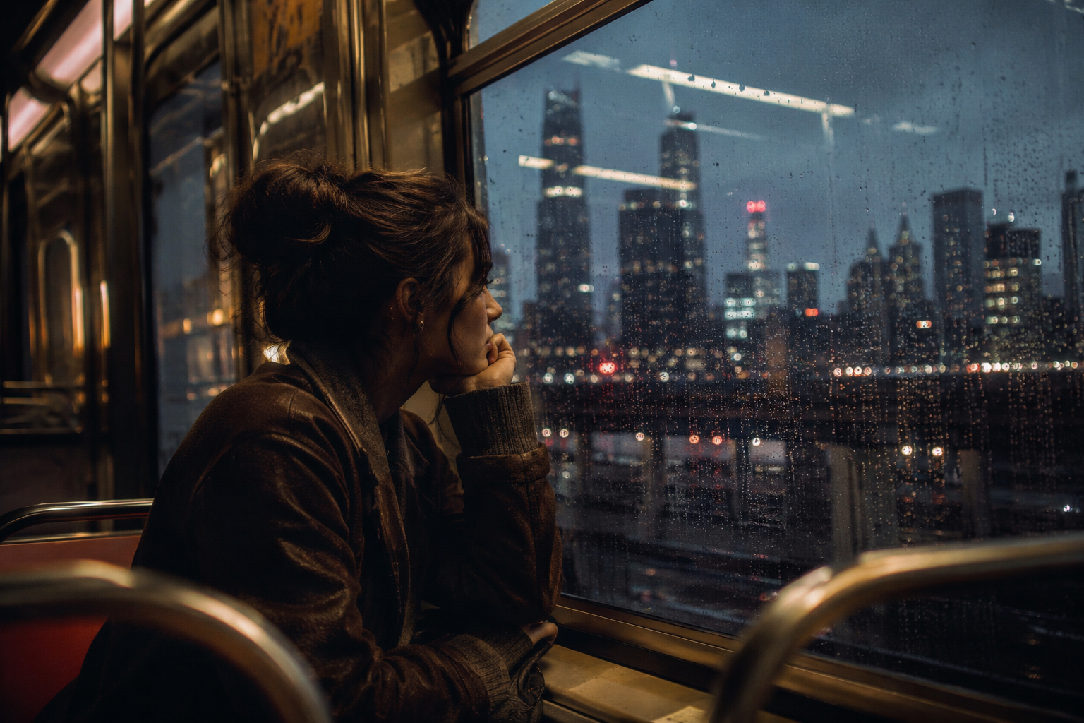 Young woman on a rainy city tram at night, gazing out the window at illuminated skyscrapers.