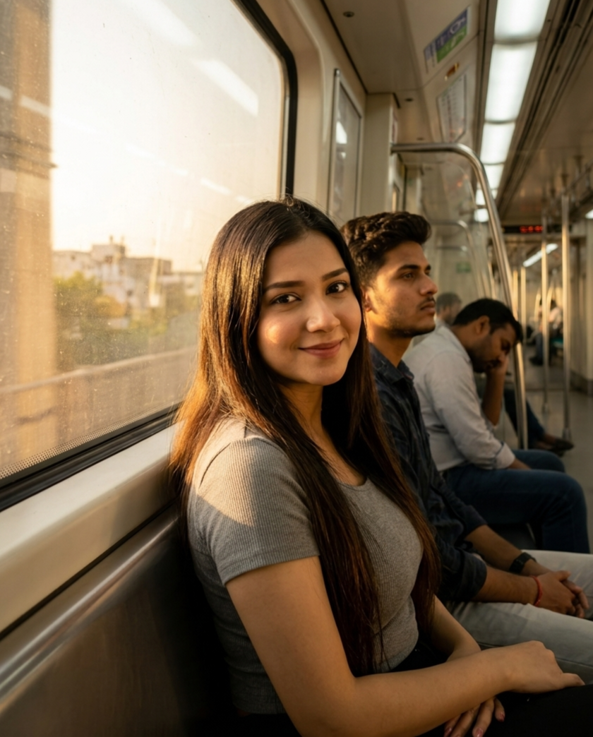 Woman with long dark hair smiling on a subway train during golden hour.