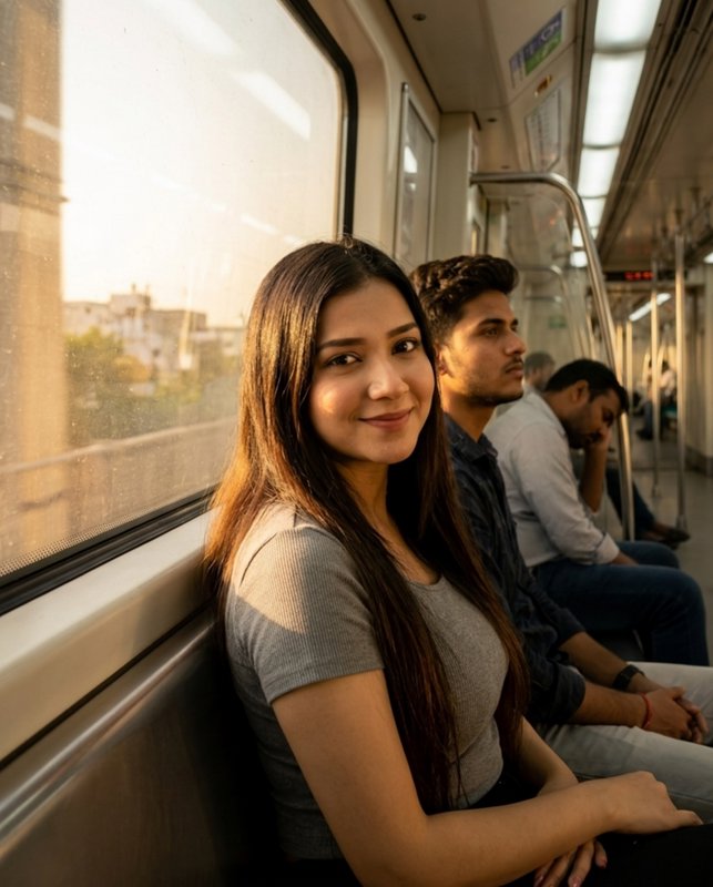 Woman with long dark hair smiling on a subway train during golden hour.