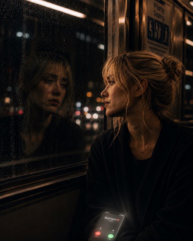 Woman on a dimly lit night bus gazes at her reflection in the window, with a phone showing an inc...