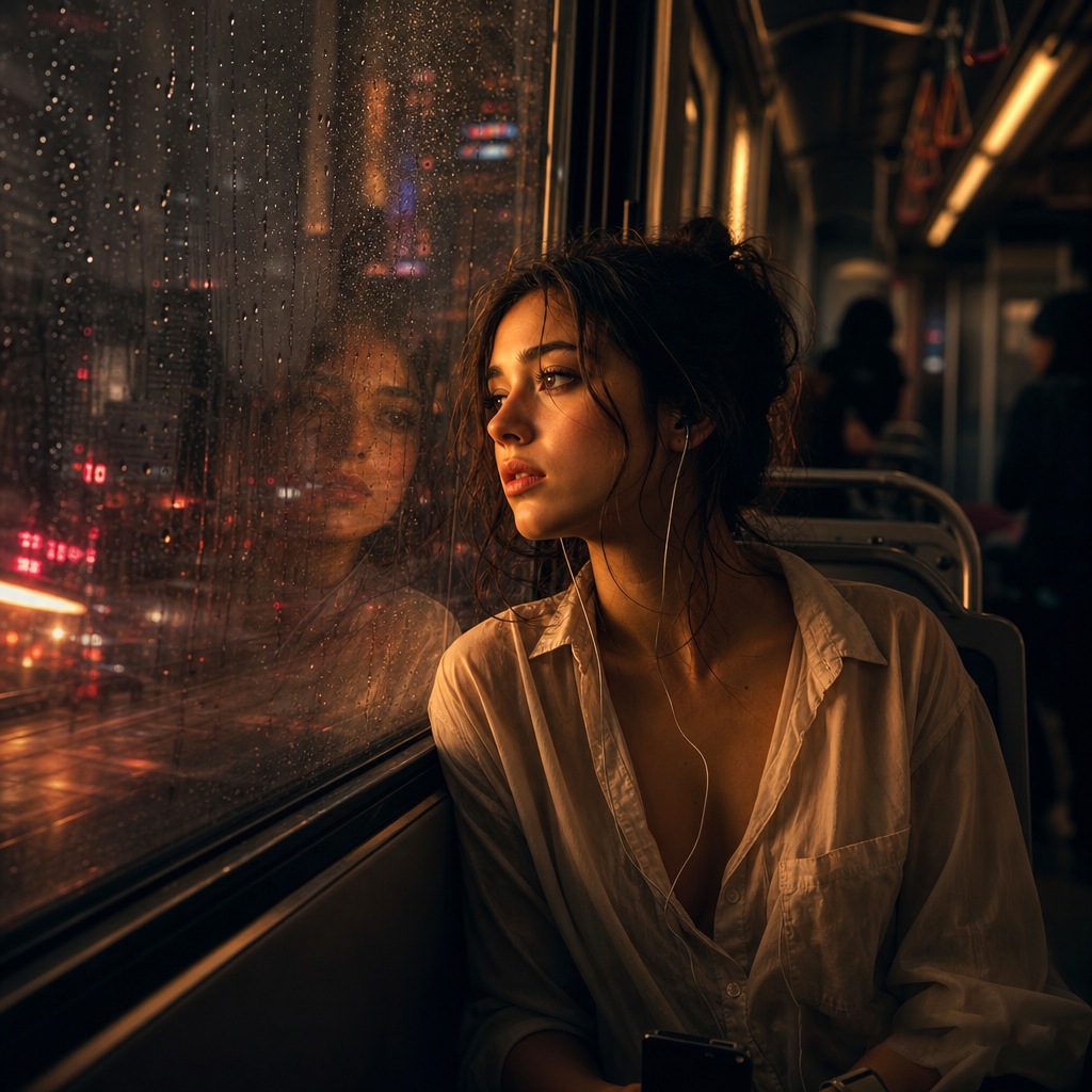 Woman on a city bus at night gazing out a rainy window with her reflection.