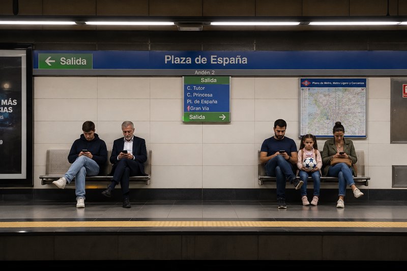 Subway platform at Plaza de España with five travelers seated on benches using phones.
