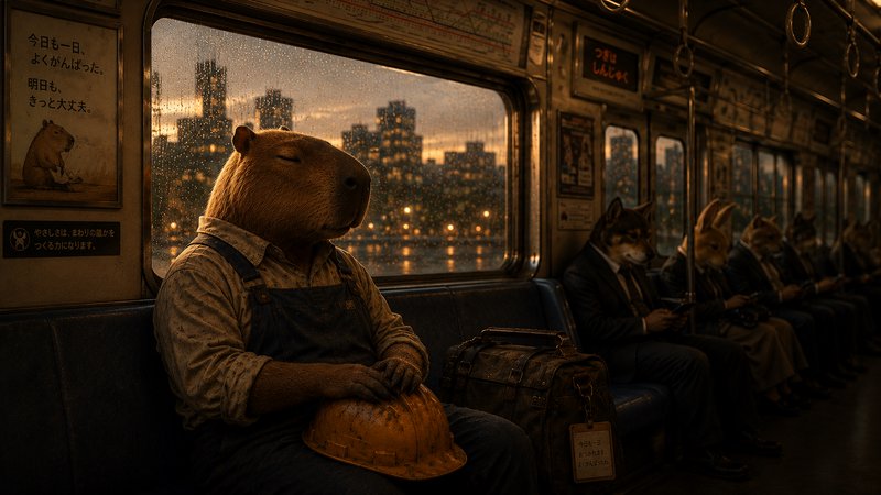 Anthropomorphic bear in overalls and a hard hat sits on a subway bench at sunset.