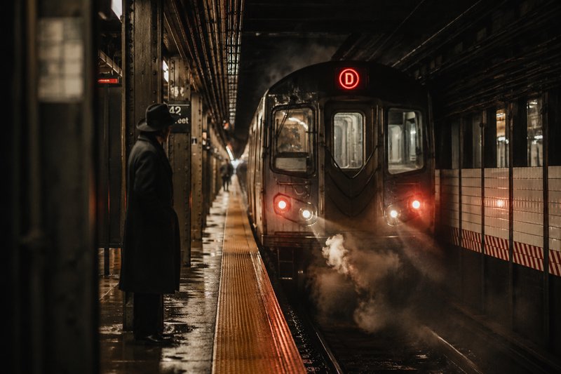 Nighttime subway platform with arriving train and a shadowy passenger in a long coat.