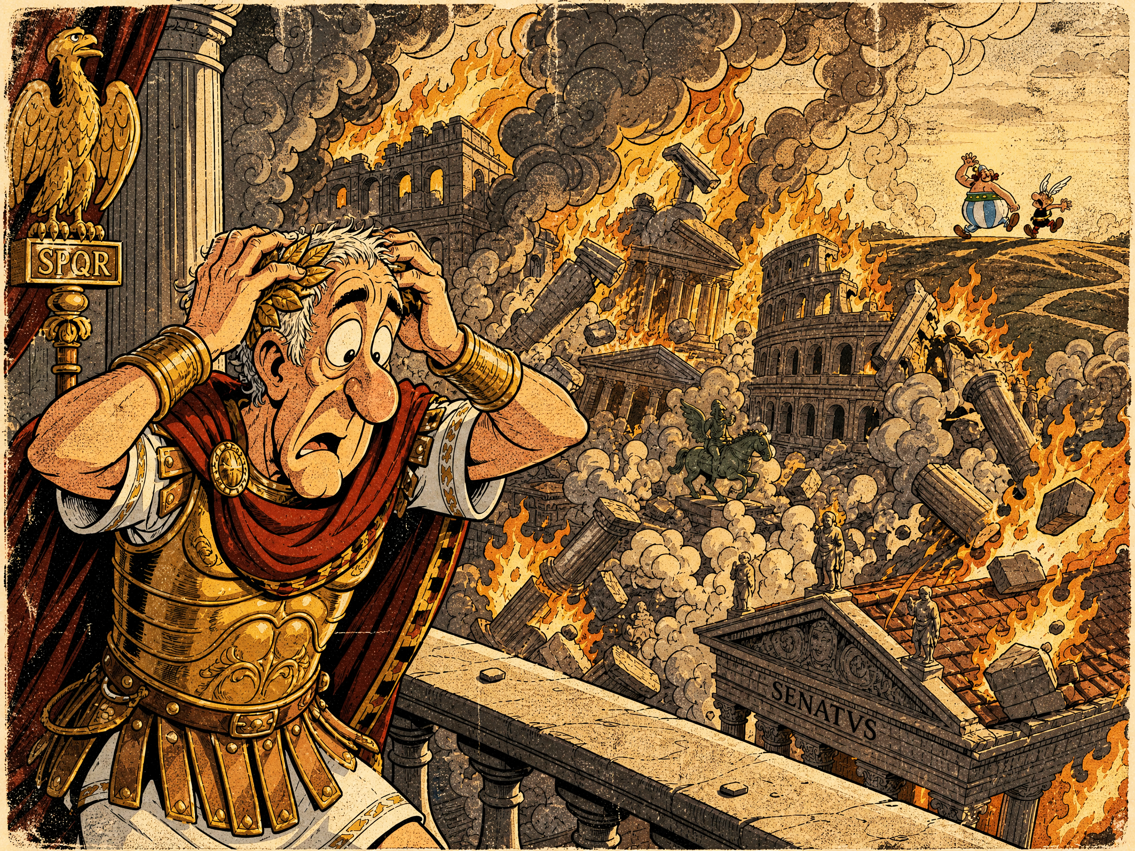 Cartoon Roman senator in armor panicking as buildings burn and chaos erupts in ancient Rome.