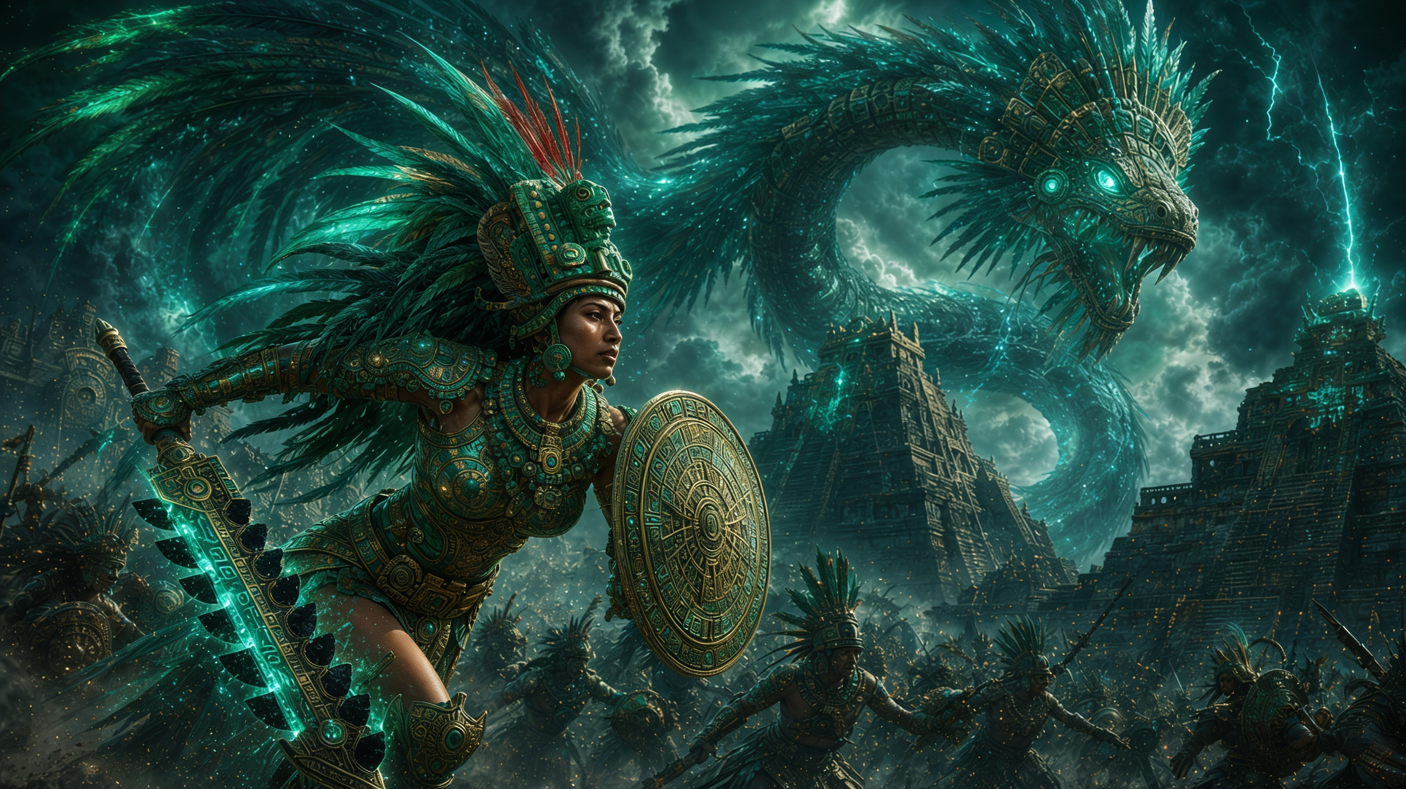 Female armored warrior with turquoise glowing sword and shield facing a dragon over ancient pyramids.