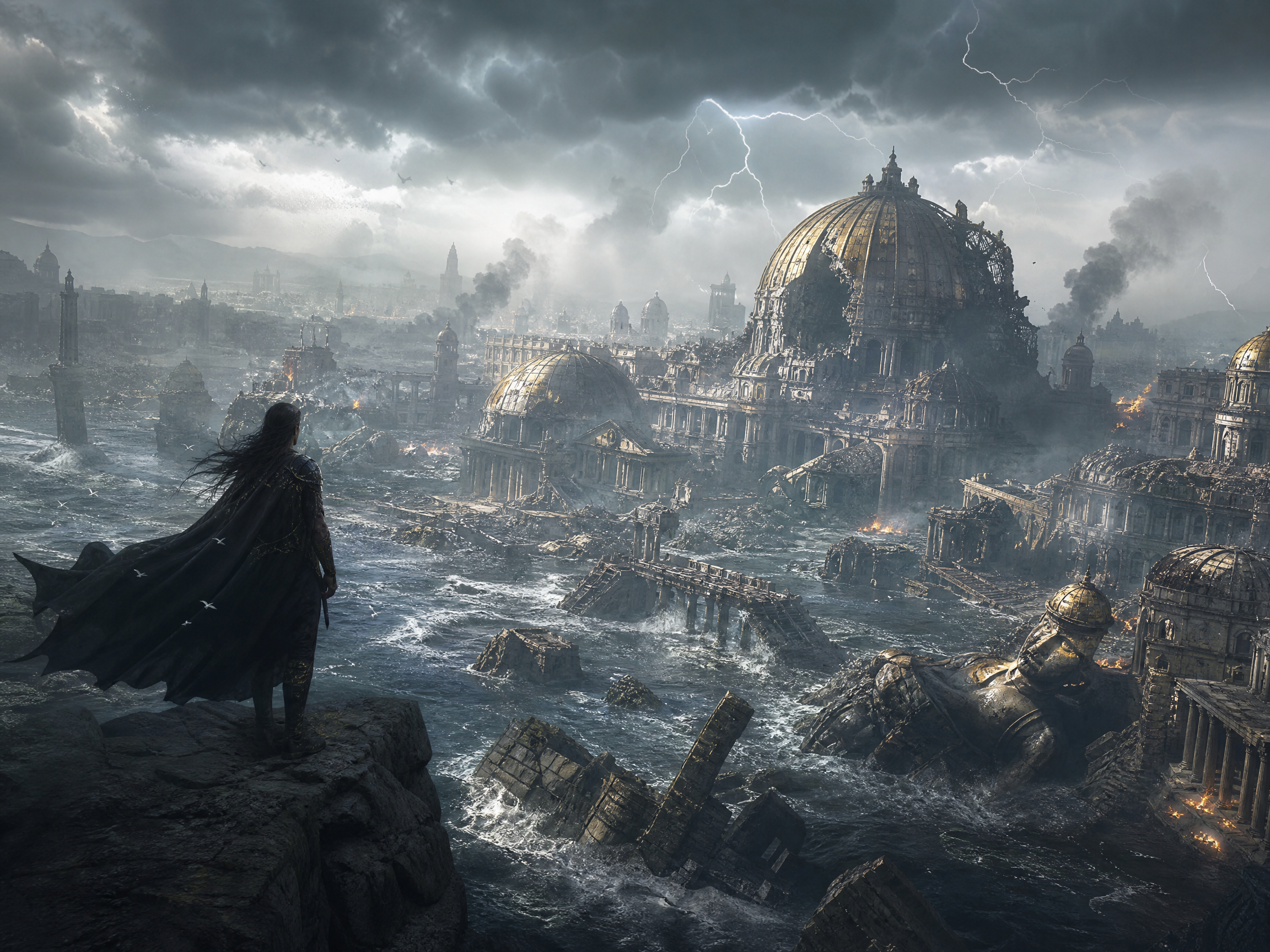 A lone figure in a flowing cape overlooks a stormy, ruined domed city by the sea.