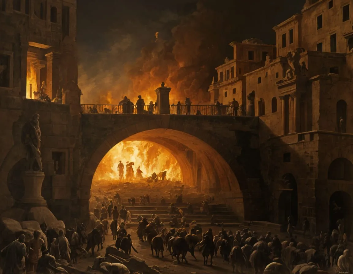 Nighttime scene of an ancient city in flames, with a stone arch bridge, silhouettes of people and horses amid chaos.