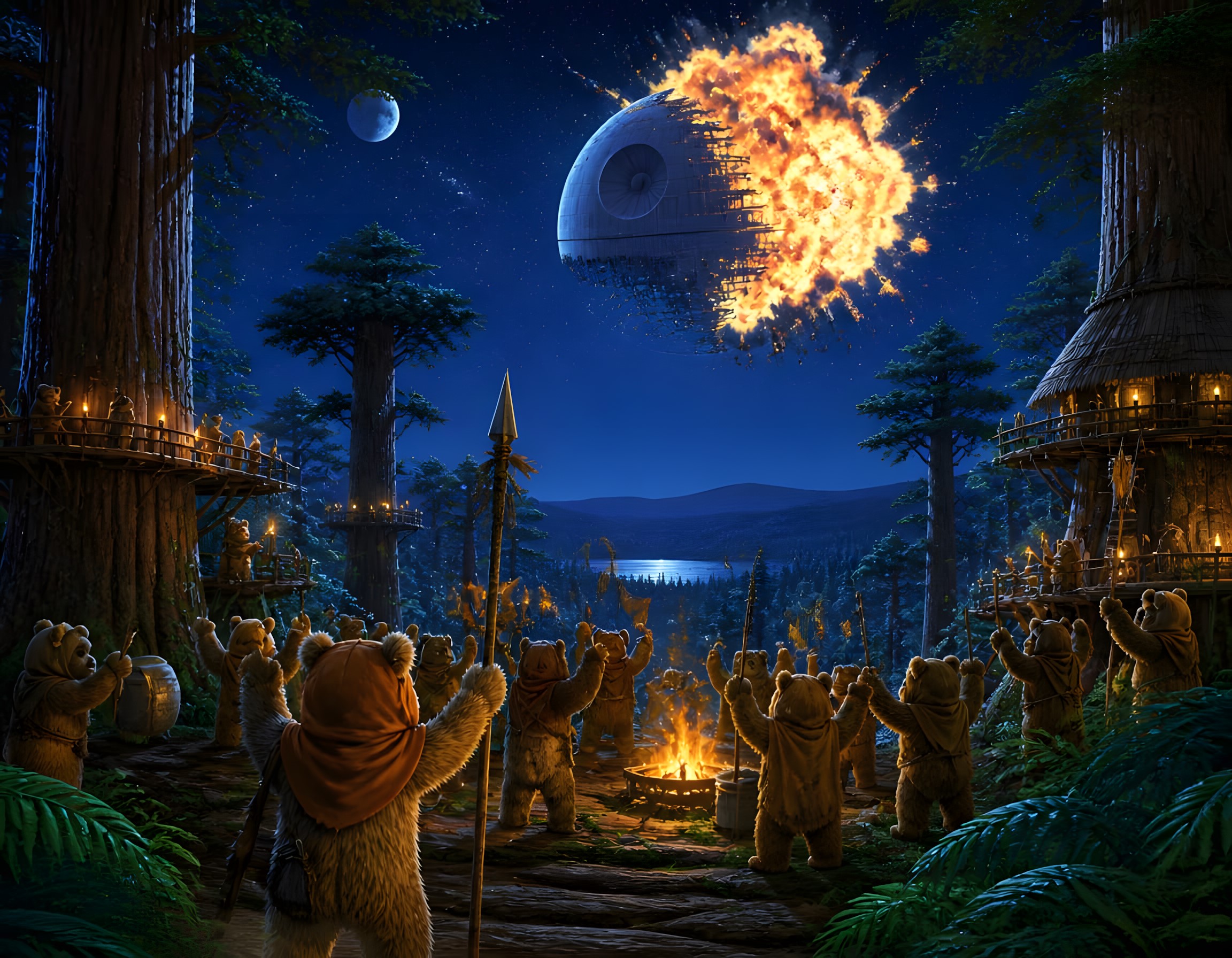 Forest village of bear-like creatures cheering as the Death Star explodes above at night.