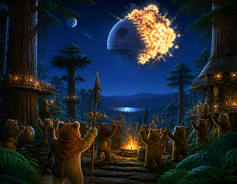 Forest village of bear-like creatures cheering as the Death Star explodes above at night.