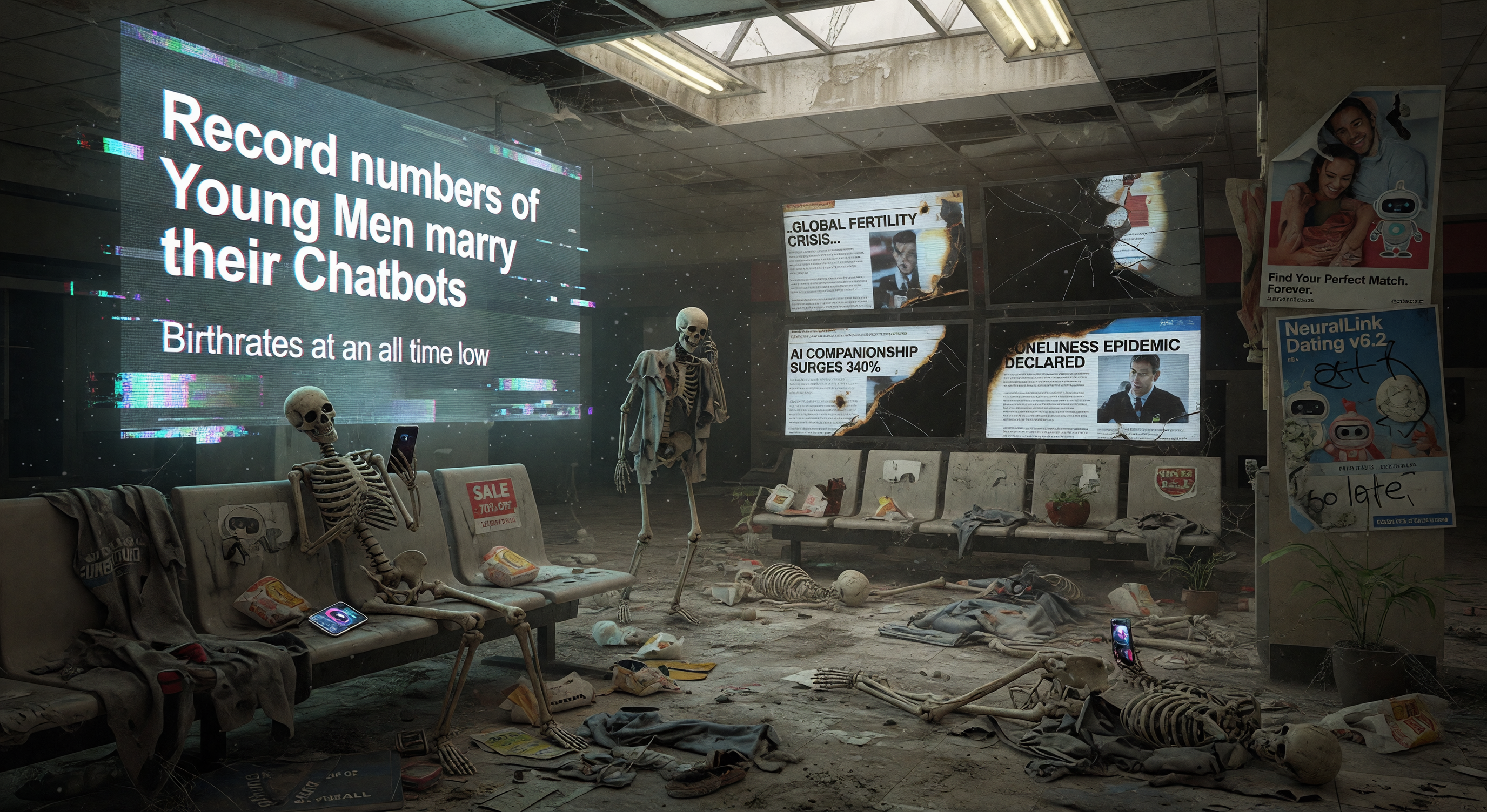 Abandoned store interior with skeletons beside benches and a large display about young men marrying chatbots.