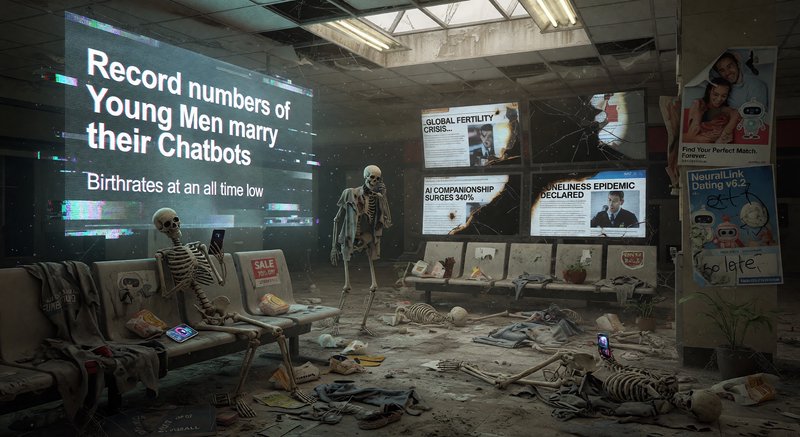 Abandoned store interior with skeletons beside benches and a large display about young men marrying chatbots.