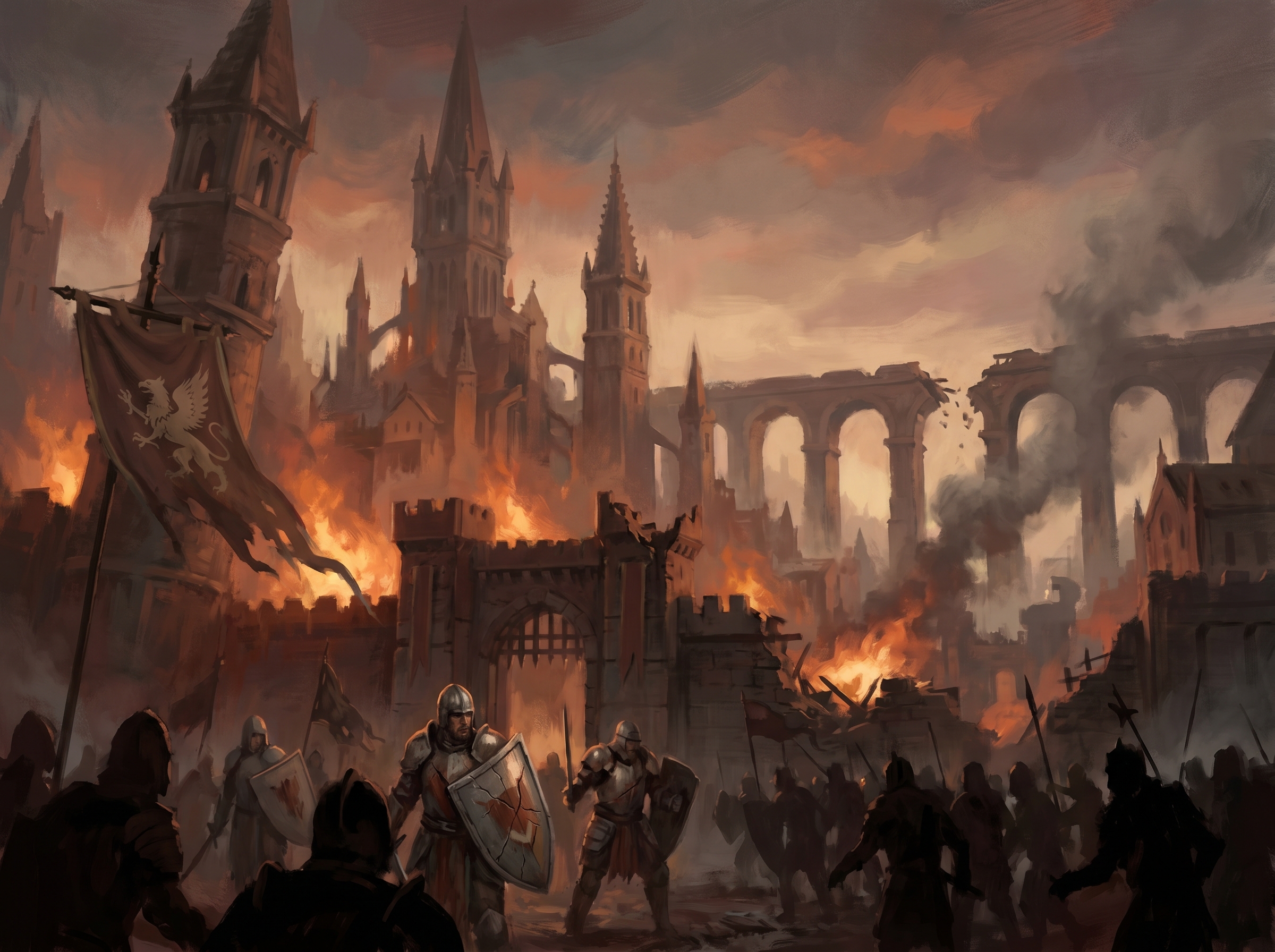 Epic medieval siege scene with burning fortress, knights in armor, and dramatic flames.