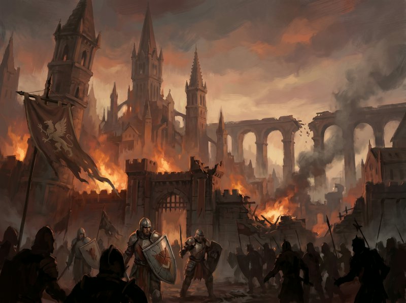 Epic medieval siege scene with burning fortress, knights in armor, and dramatic flames.