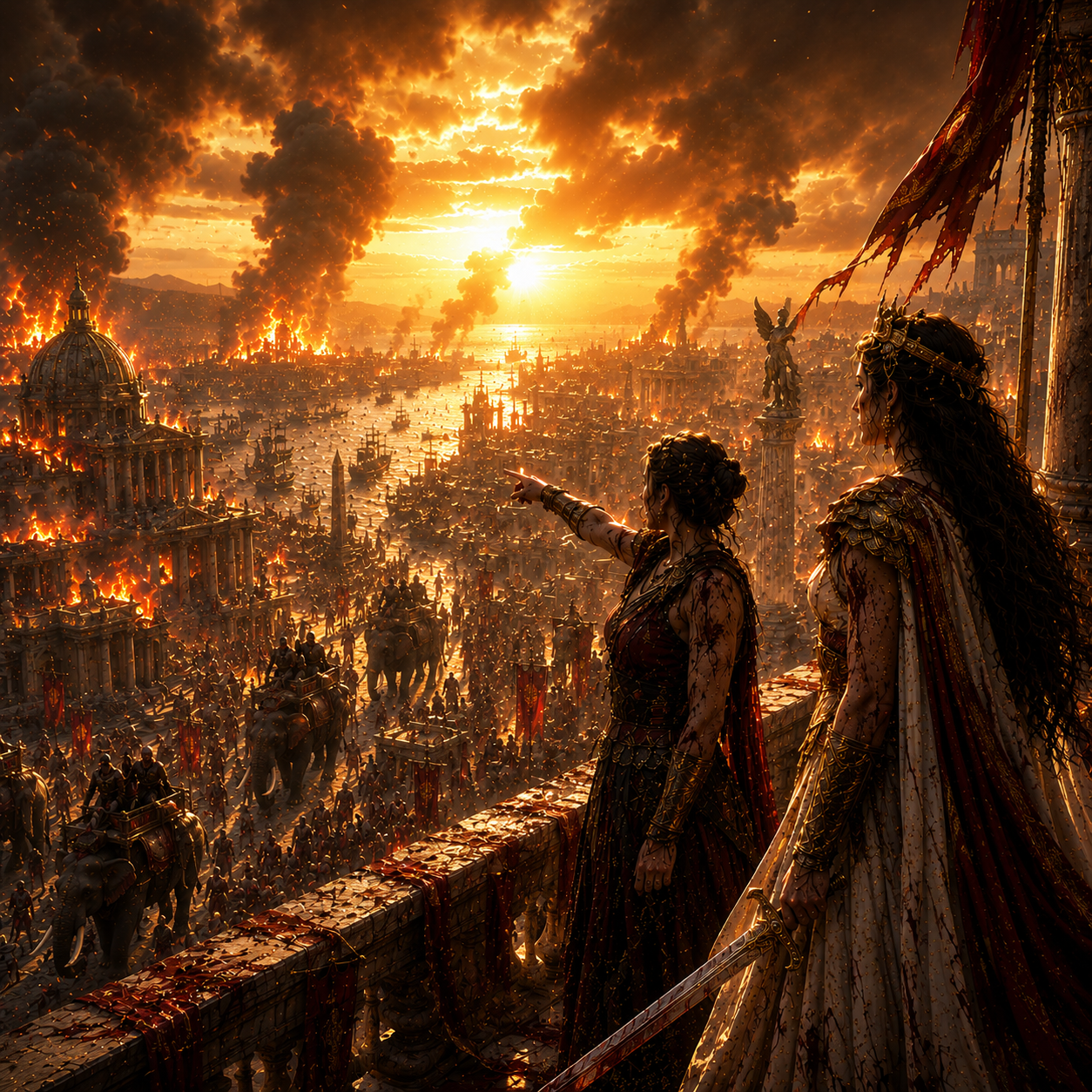 Two warrior women overlook a burning ancient city from a ruined balcony as armies march below.